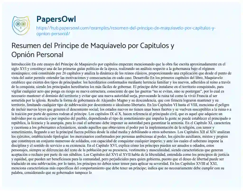 Essay on Resumen del Principe de Maquiavelo por Capitulos y Opnión Personal