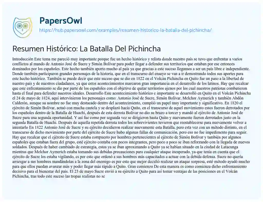 Essay on Resumen Histórico: La Batalla Del Pichincha