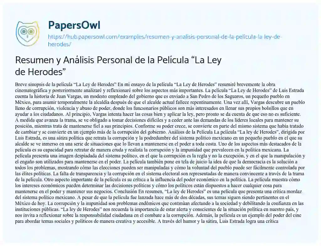 Essay on Resumen y Análisis Personal de la Película “La Ley de Herodes”