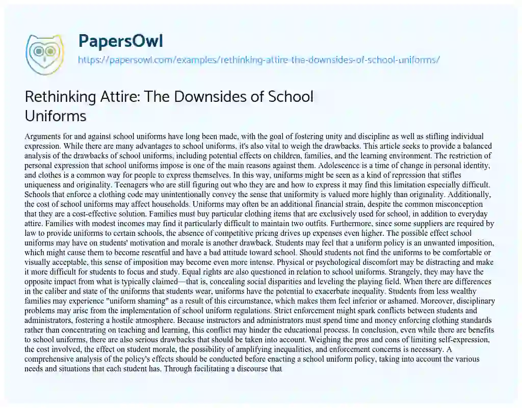 Essay on Rethinking Attire: The Downsides of School Uniforms