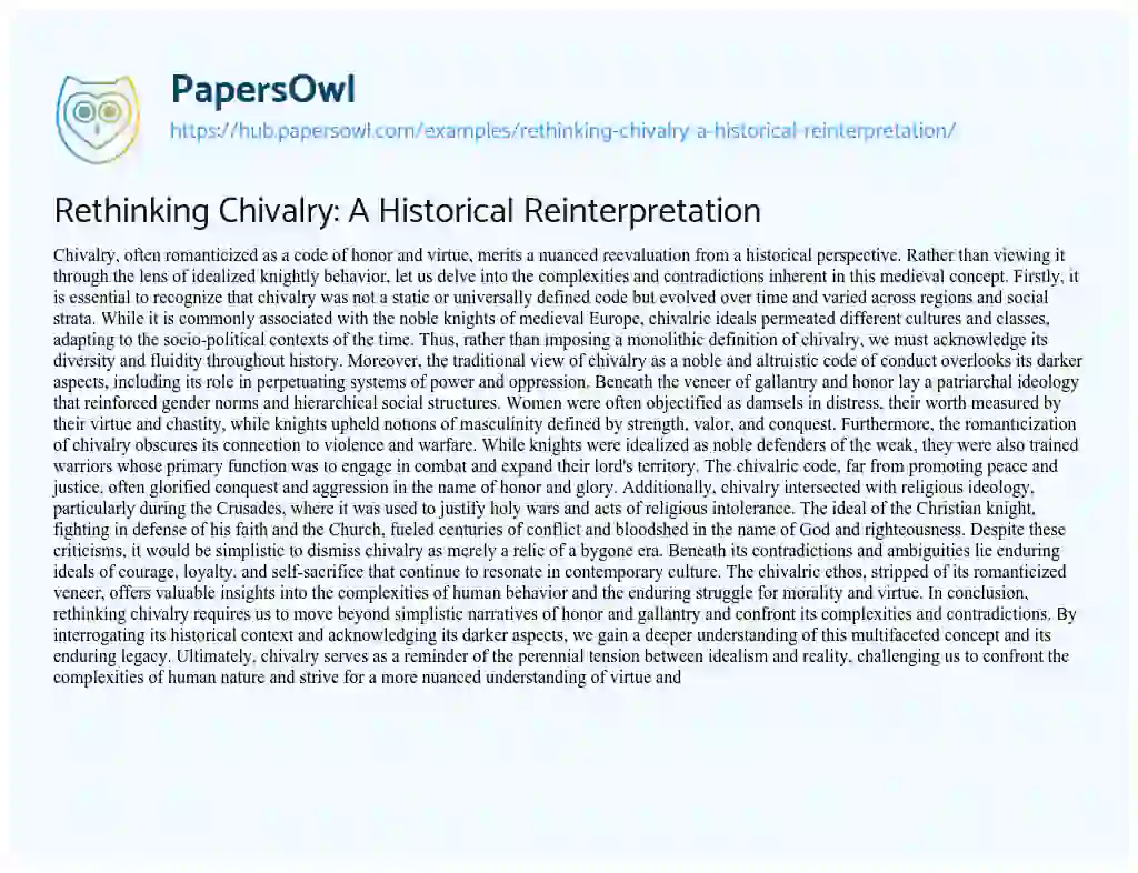 Essay on Rethinking Chivalry: A Historical Reinterpretation