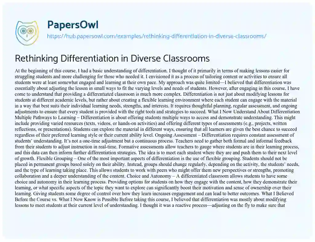 Essay on Rethinking Differentiation in Diverse Classrooms