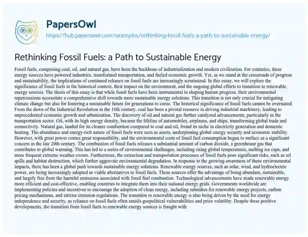 Essay on Rethinking Fossil Fuels: a Path to Sustainable Energy