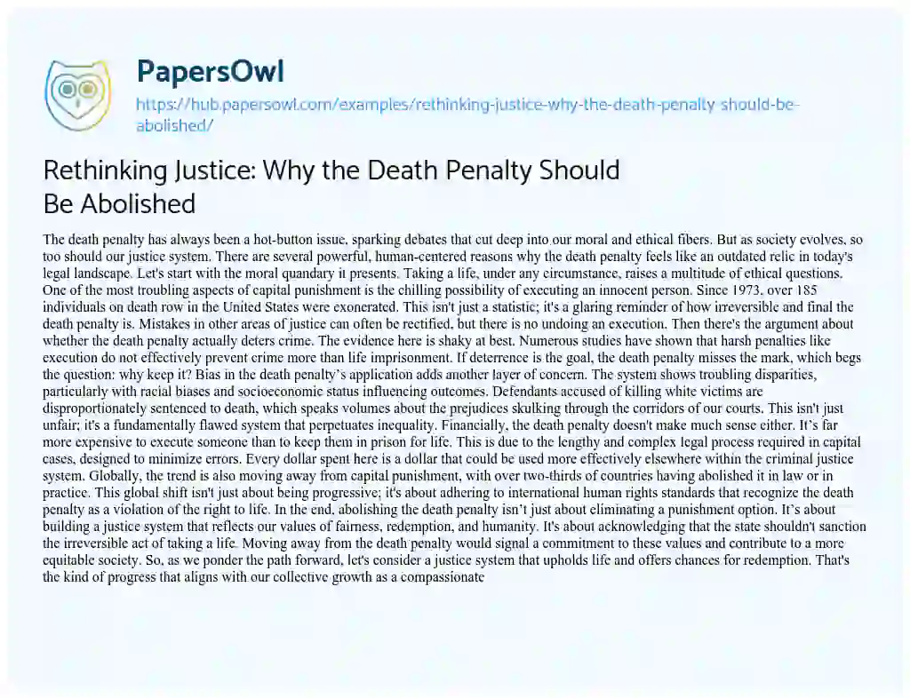 Essay on Rethinking Justice: Why the Death Penalty Should Be Abolished