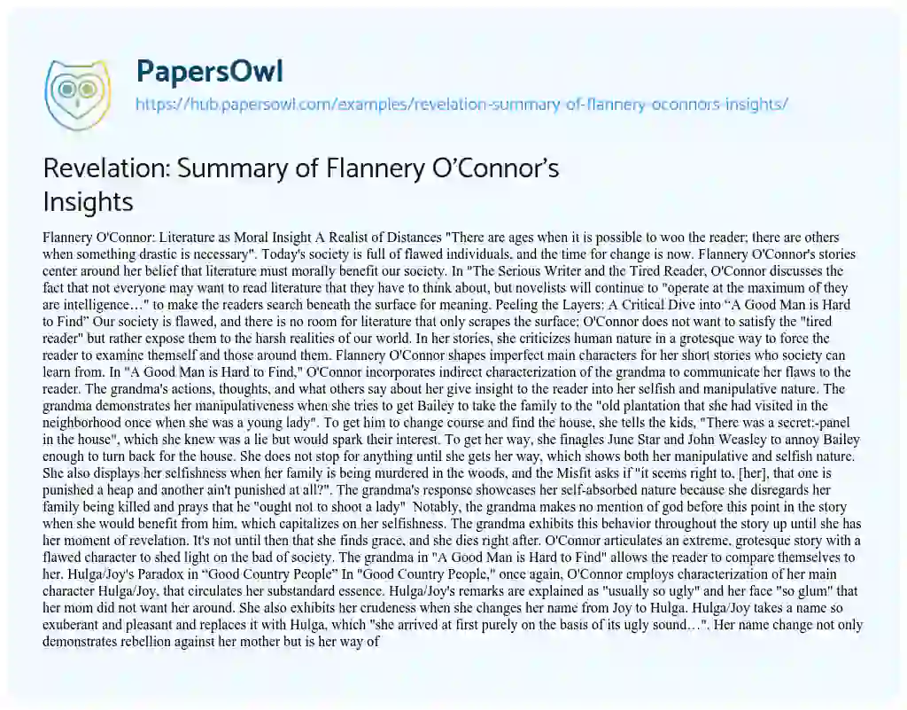 Essay on Revelation: Summary of Flannery O’Connor’s Insights
