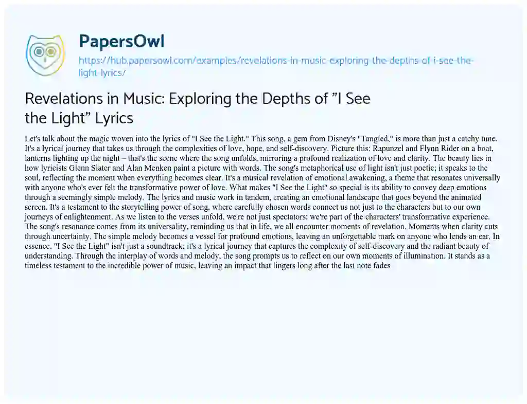 Essay on Revelations in Music: Exploring the Depths of “I See the Light” Lyrics