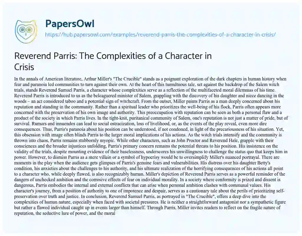 Essay on Reverend Parris: The Complexities of a Character in Crisis