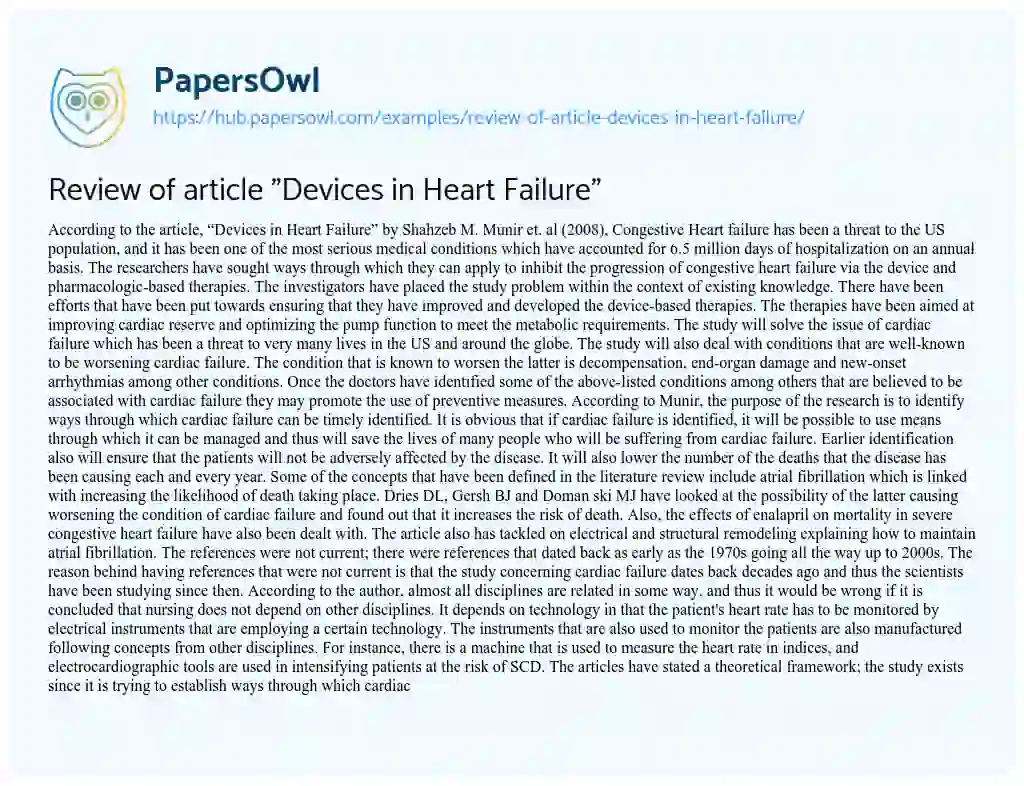 Essay on Review of article “Devices in Heart Failure”