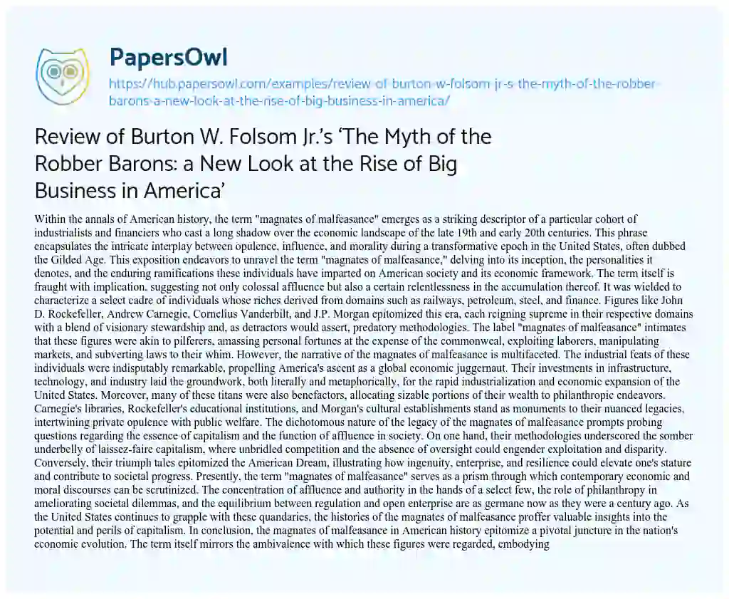 Essay on Review of Burton W. Folsom Jr.’s ‘The Myth of the Robber Barons: a New Look at the Rise of Big Business in America’