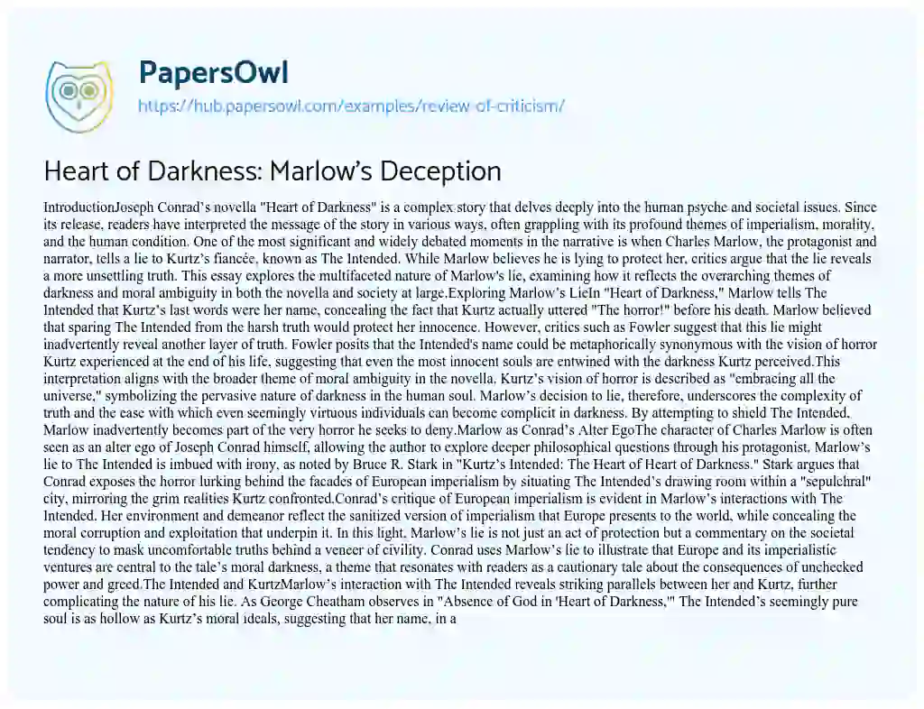Essay on Heart of Darkness: Marlow’s Deception