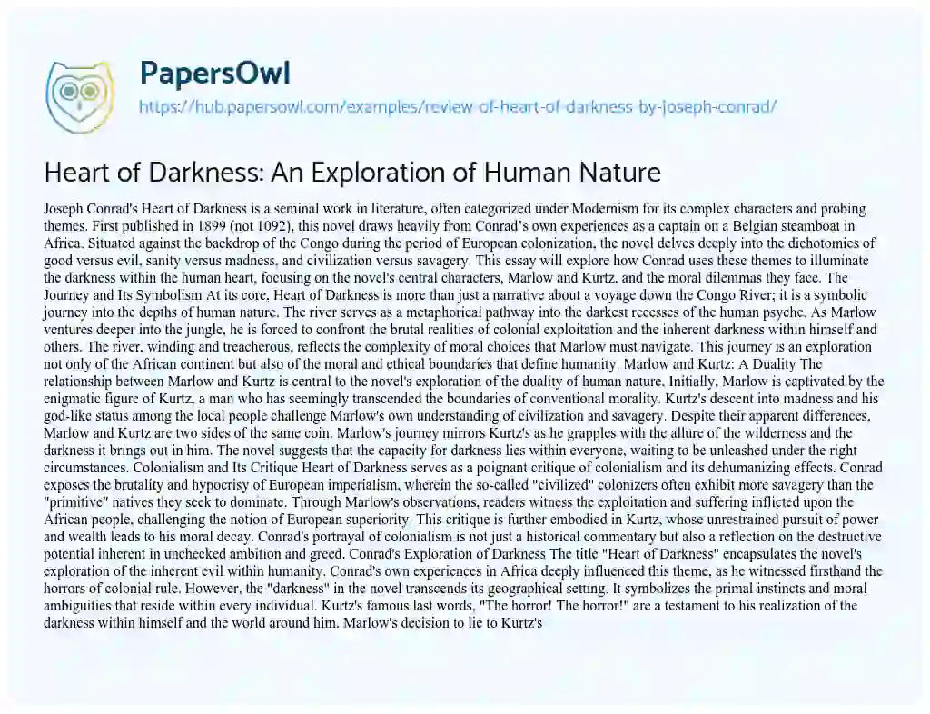 Essay on Heart of Darkness: An Exploration of Human Nature