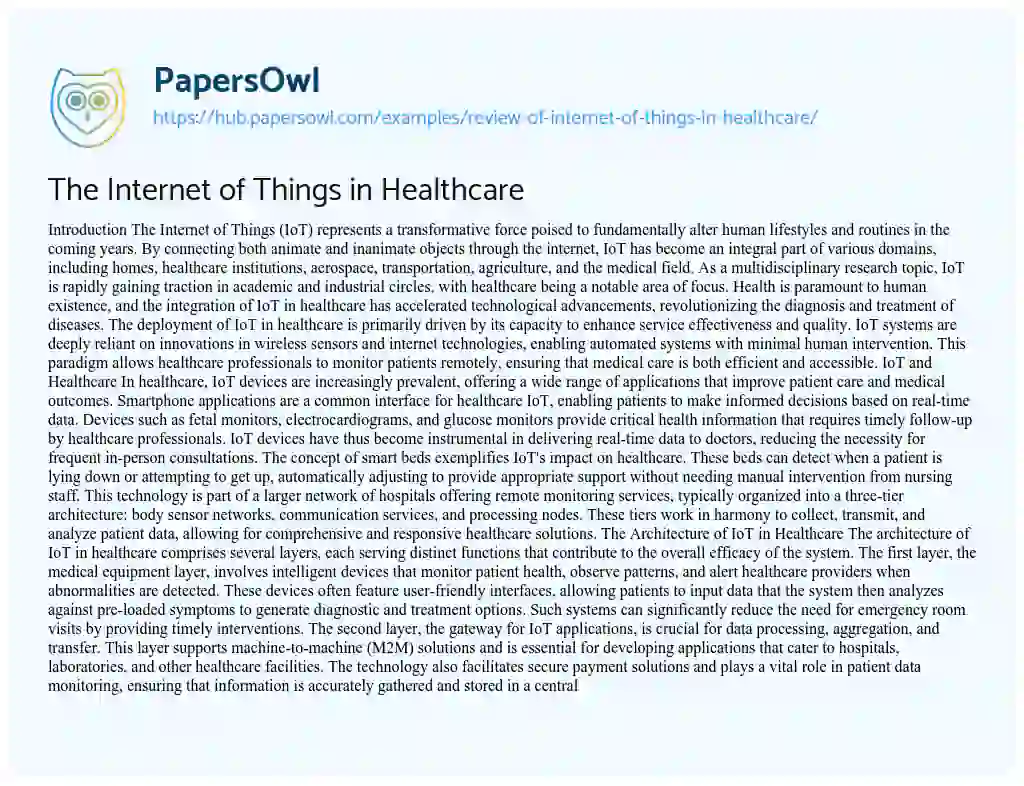 Essay on The Internet of Things in Healthcare