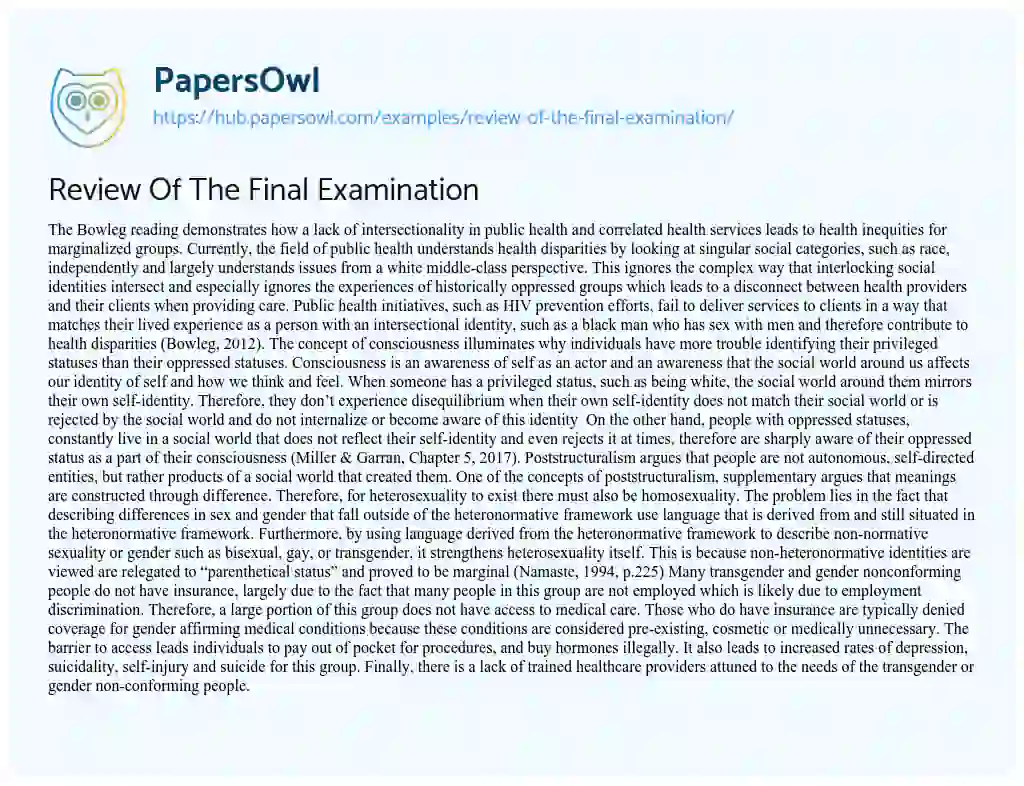 Essay on Review Of The Final Examination