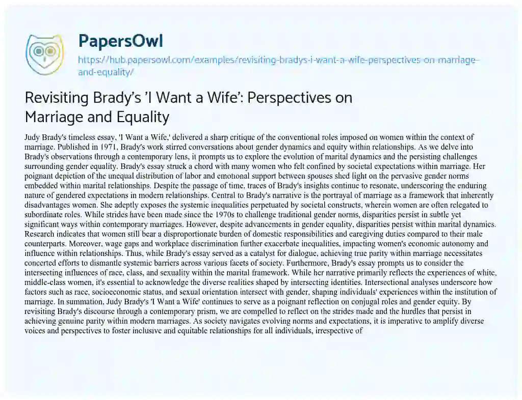 Essay on Revisiting Brady’s ‘I Want a Wife’: Perspectives on Marriage and Equality