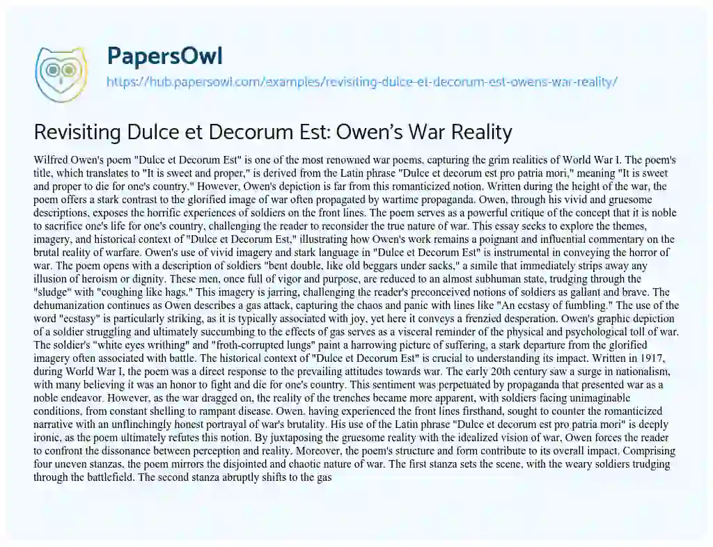 Essay on Revisiting Dulce et Decorum Est: Owen’s War Reality