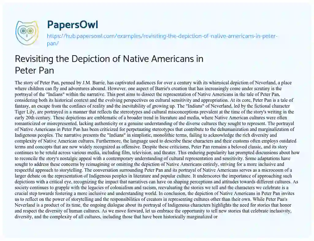 Essay on Revisiting the Depiction of Native Americans in Peter Pan