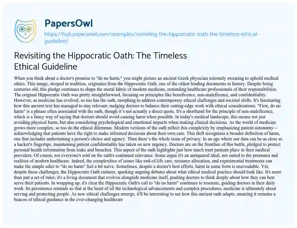 Essay on Revisiting the Hippocratic Oath: The Timeless Ethical Guideline
