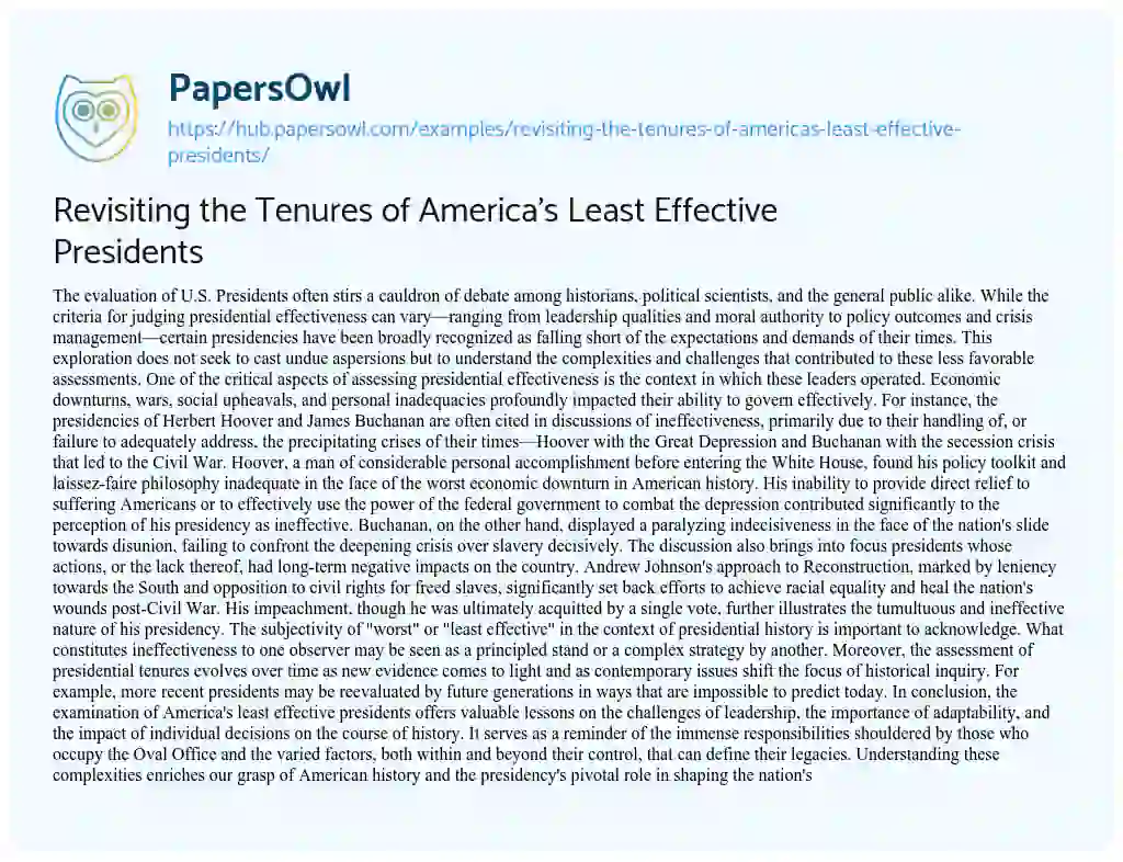 Essay on Revisiting the Tenures of America’s Least Effective Presidents