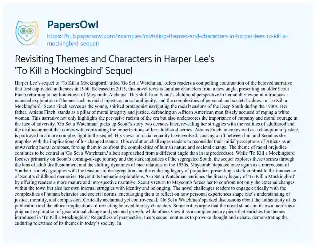 Essay on Revisiting Themes and Characters in Harper Lee’s ‘To Kill a Mockingbird’ Sequel