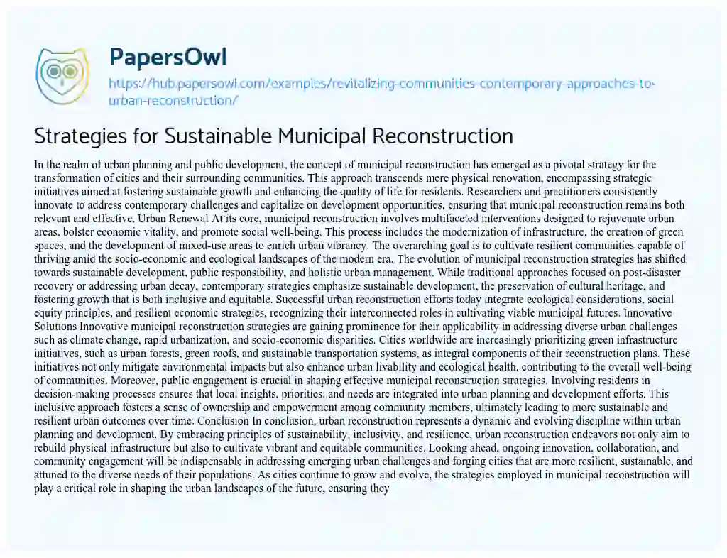 Essay on Strategies for Sustainable Municipal Reconstruction