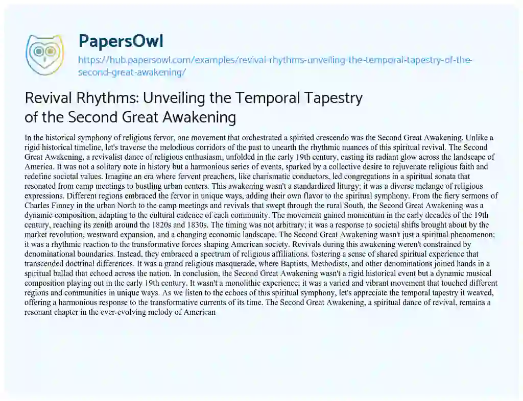 Essay on Revival Rhythms: Unveiling the Temporal Tapestry of the Second Great Awakening