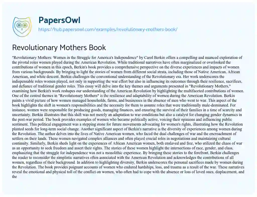 Essay on Revolutionary Mothers Book