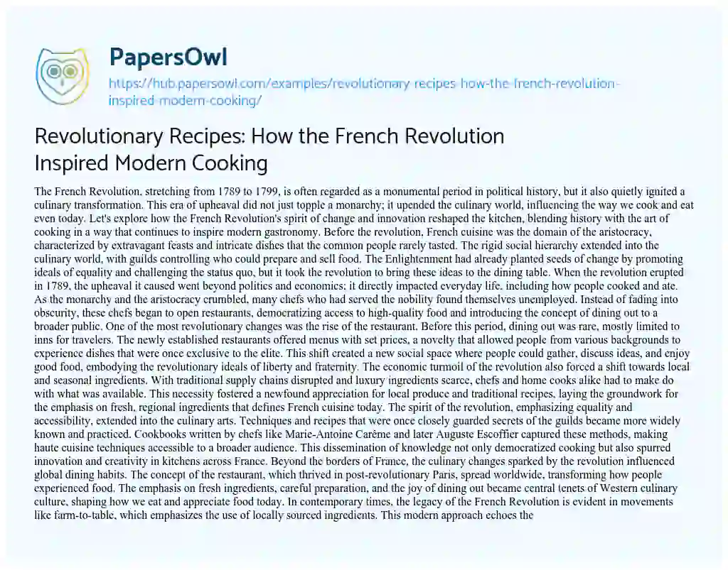 Essay on Revolutionary Recipes: How the French Revolution Inspired Modern Cooking