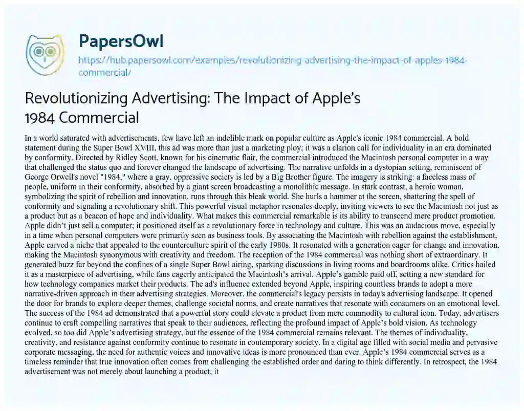 Essay on Revolutionizing Advertising: The Impact of Apple’s 1984 Commercial