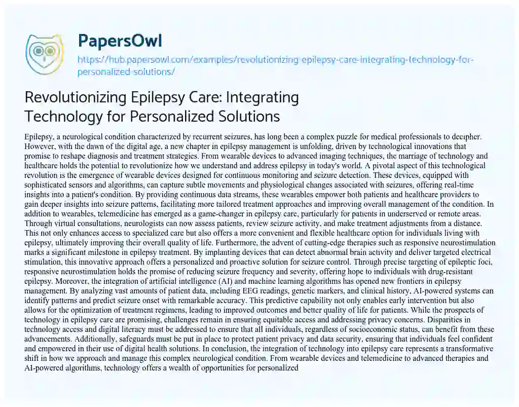 Essay on Revolutionizing Epilepsy Care: Integrating Technology for Personalized Solutions