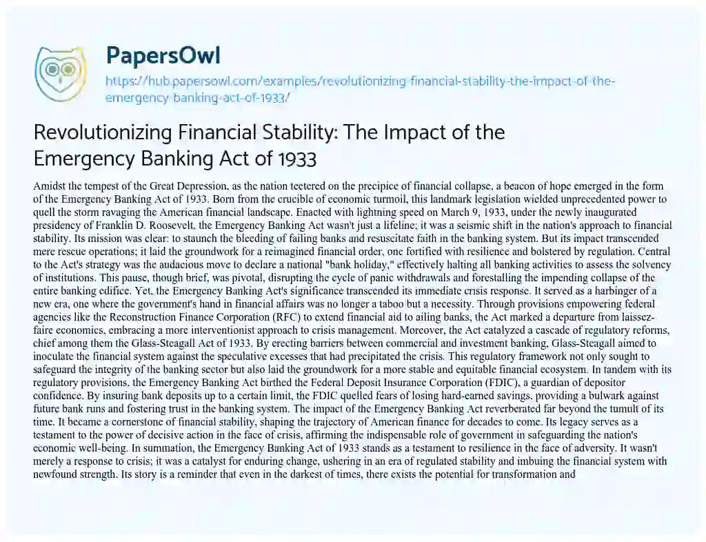 Essay on Revolutionizing Financial Stability: The Impact of the Emergency Banking Act of 1933