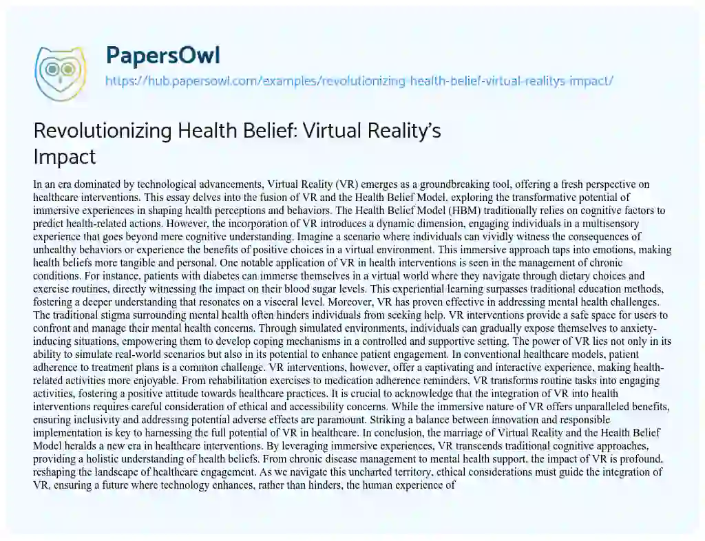 Essay on Revolutionizing Health Belief: Virtual Reality’s Impact
