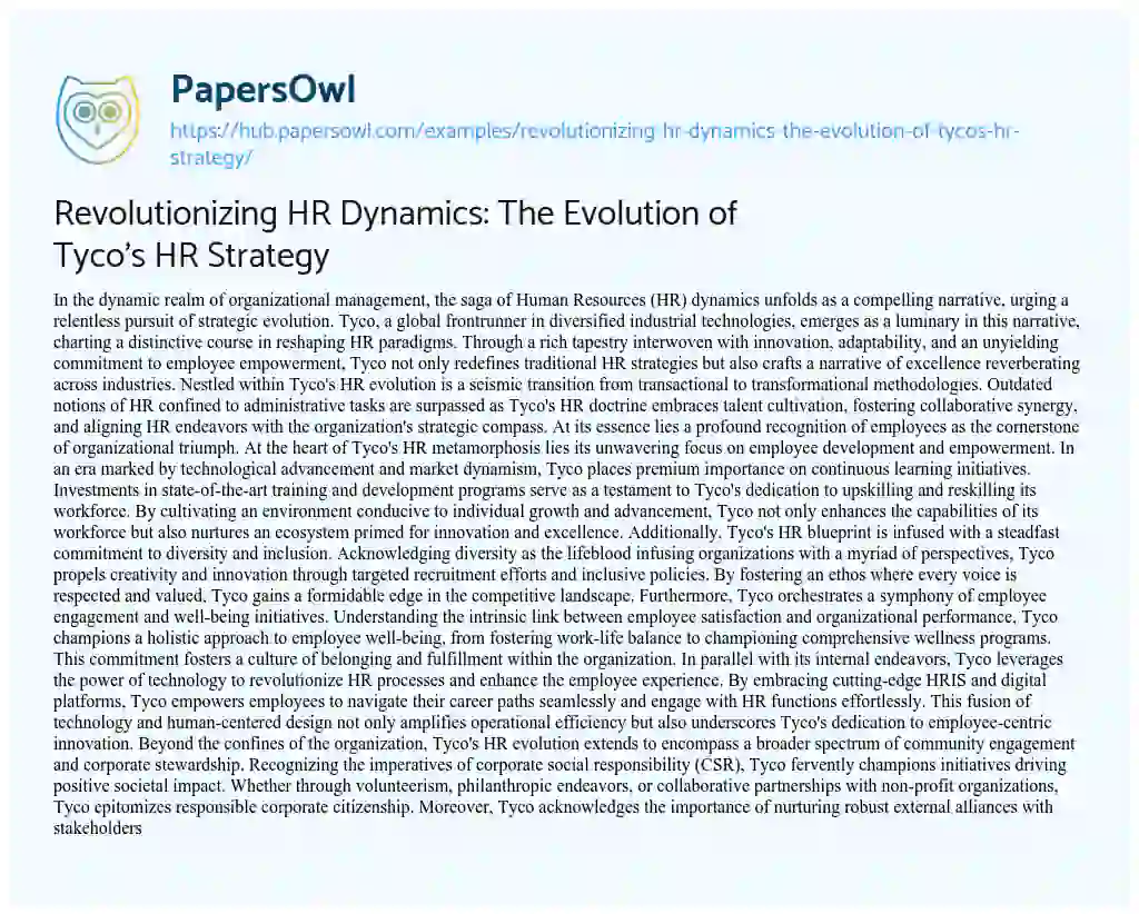 Essay on Revolutionizing HR Dynamics: The Evolution of Tyco’s HR Strategy