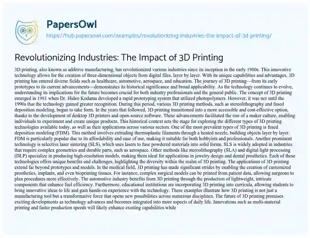 Essay on Revolutionizing Industries: The Impact of 3D Printing