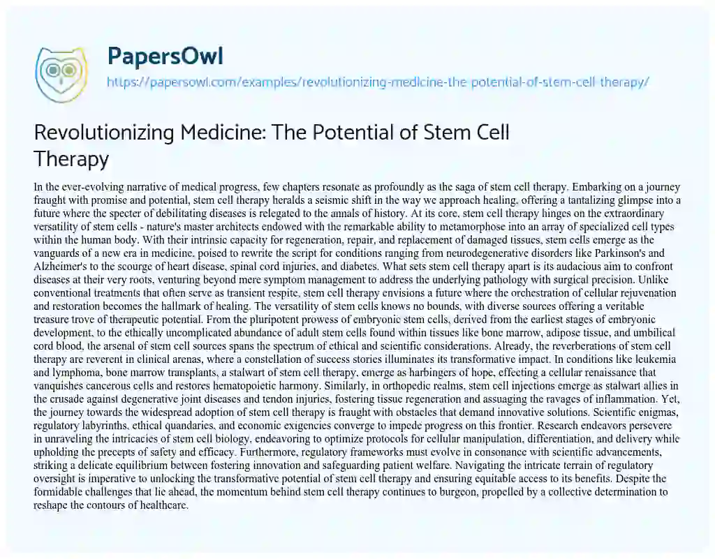 Essay on Revolutionizing Medicine: The Potential of Stem Cell Therapy