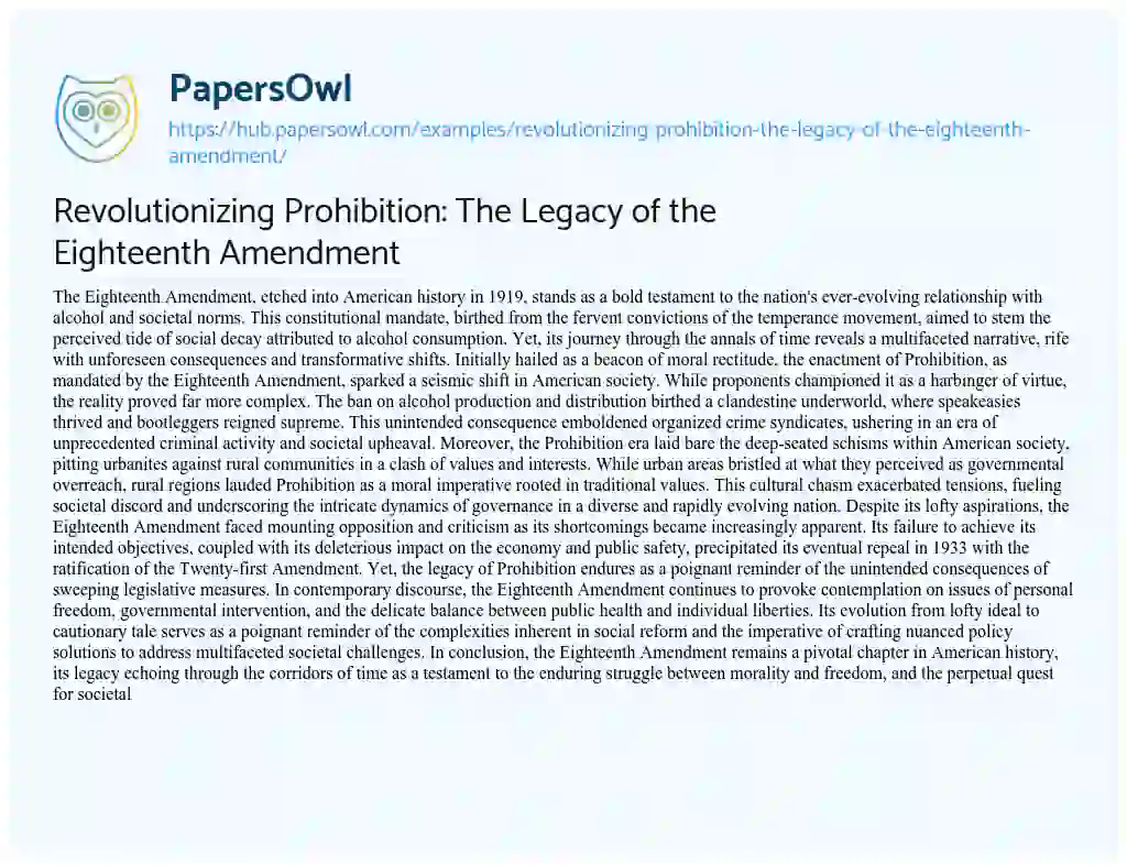 Essay on Revolutionizing Prohibition: The Legacy of the Eighteenth Amendment