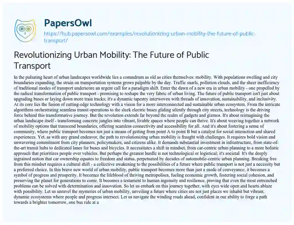 Essay on Revolutionizing Urban Mobility: The Future of Public Transport