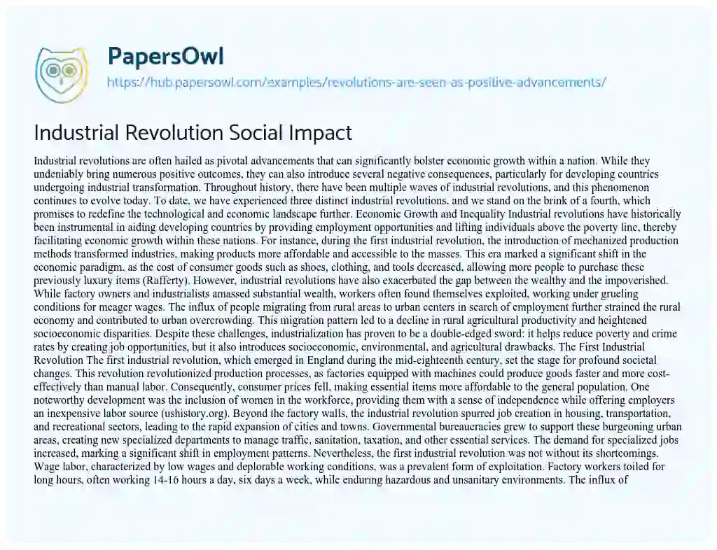 Essay on Industrial Revolution Social Impact