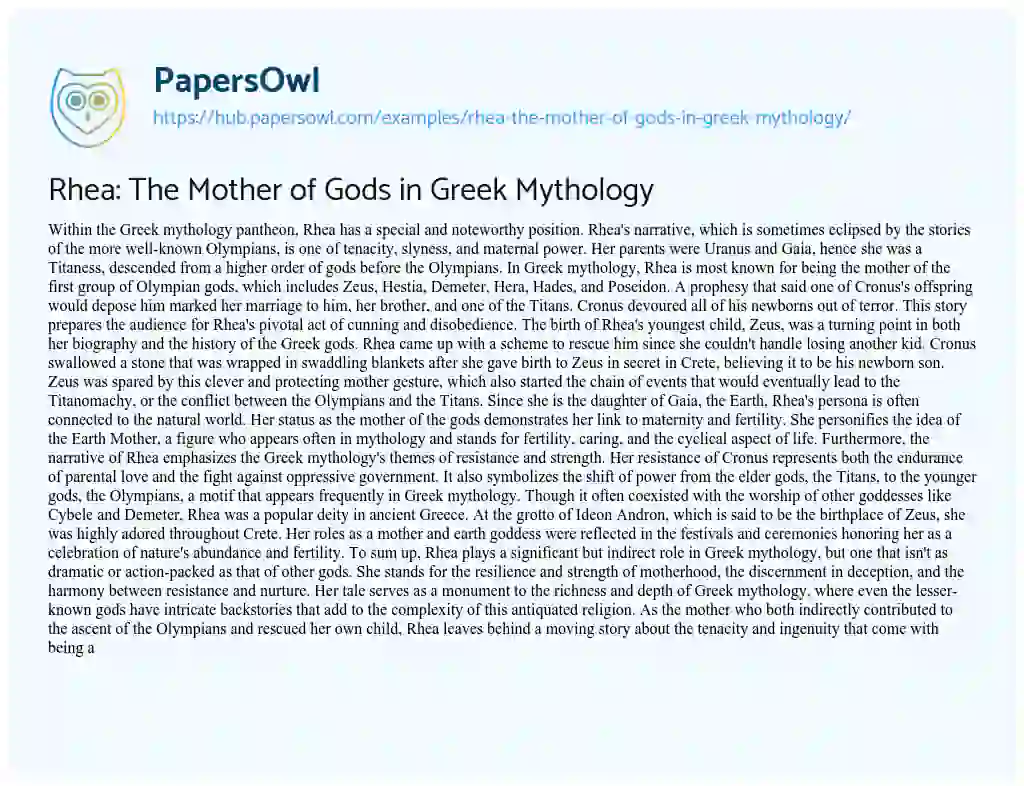 Essay on Rhea: The Mother of Gods in Greek Mythology
