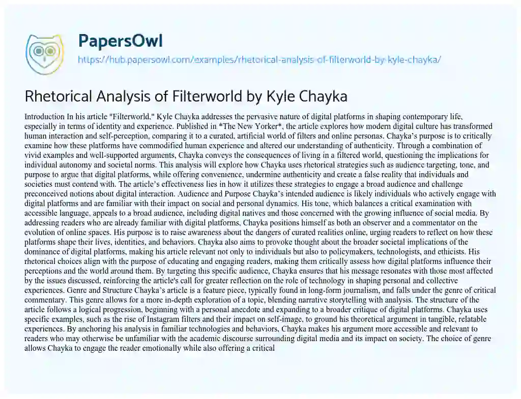 Essay on Rhetorical Analysis of Filterworld by Kyle Chayka