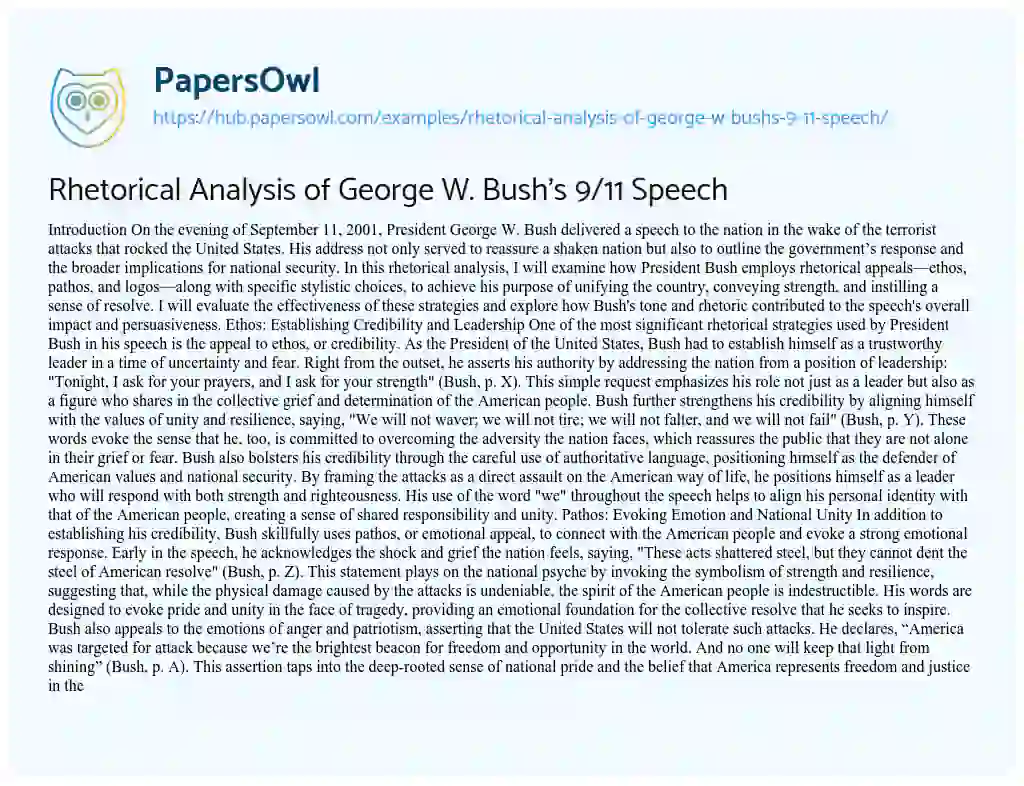 Essay on Rhetorical Analysis of George W. Bush’s 9/11 Speech