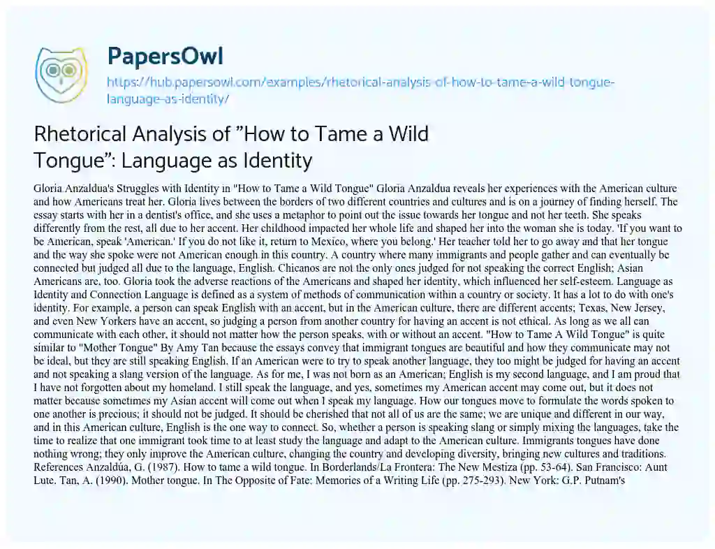 Essay on Rhetorical Analysis of “How to Tame a Wild Tongue”: Language as Identity