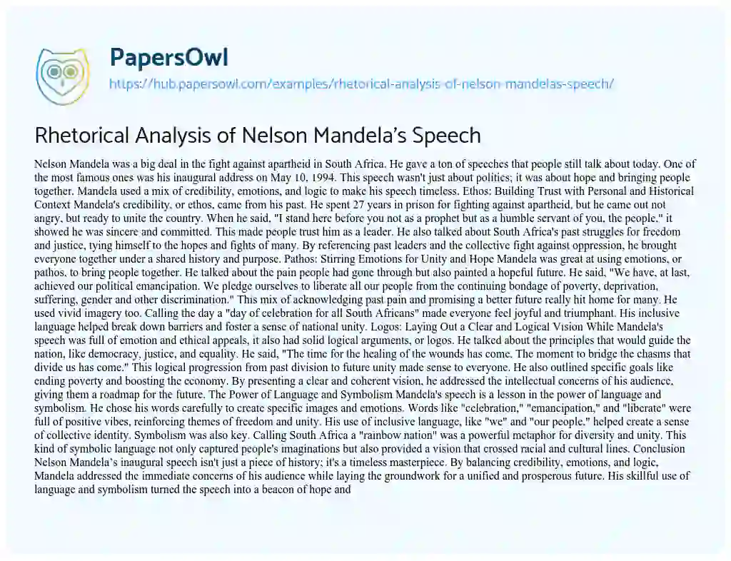 Essay on Rhetorical Analysis of Nelson Mandela’s Speech