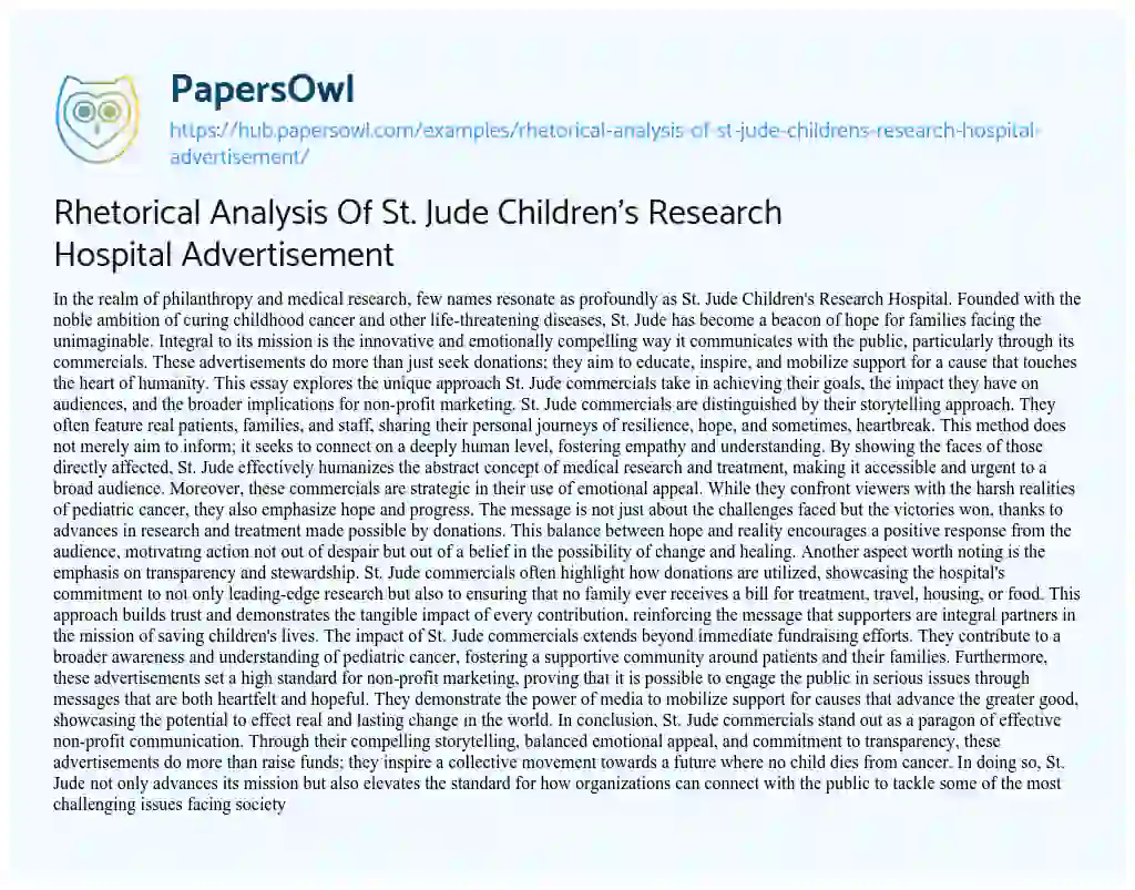 Essay on Rhetorical Analysis Of St. Jude Children’s Research Hospital Advertisement