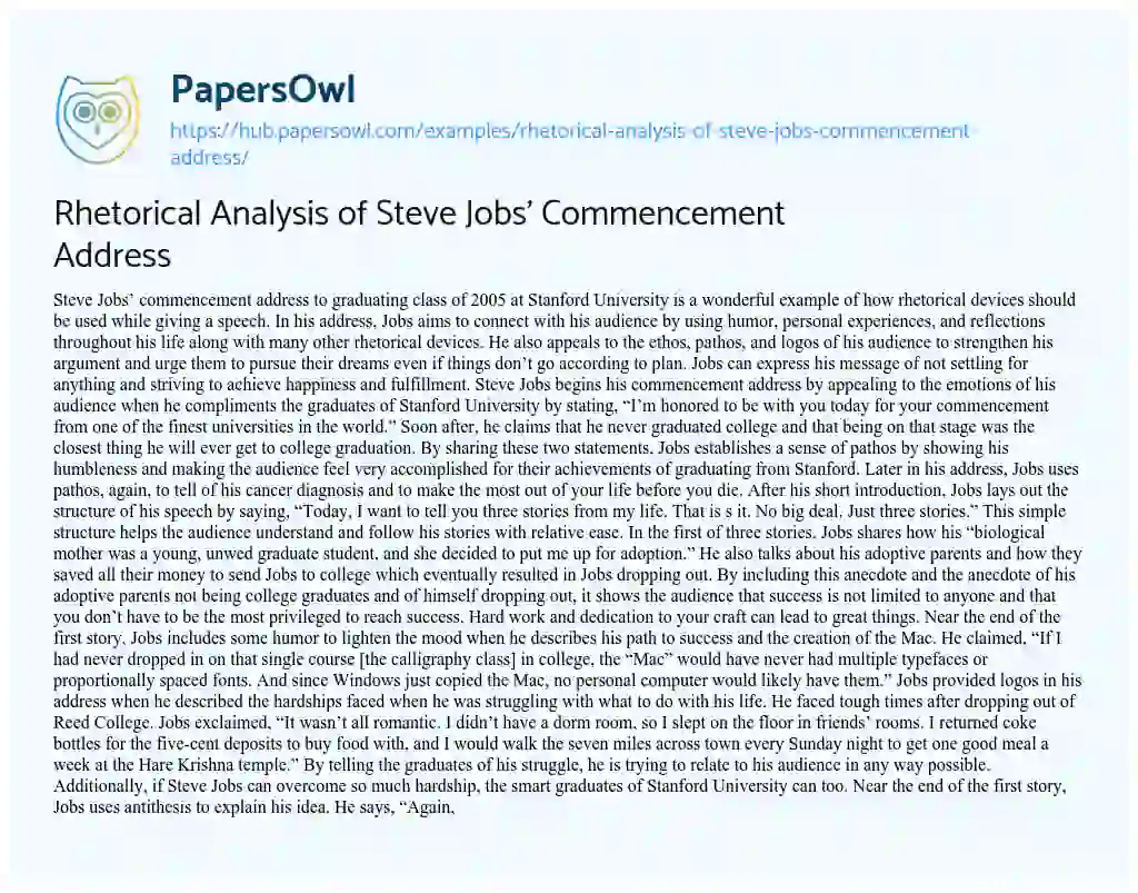 Essay on Rhetorical Analysis of Steve Jobs’ Commencement Address