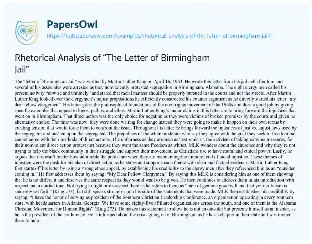 Essay on Rhetorical Analysis of “The Letter of Birmingham Jail”