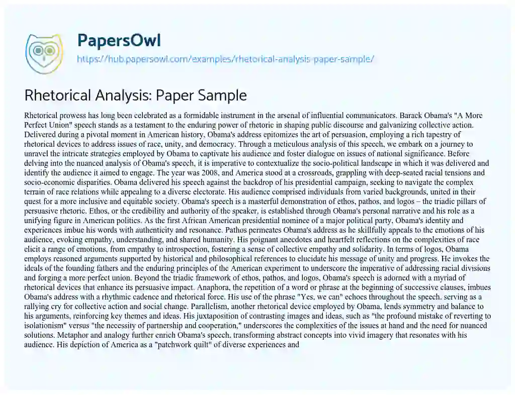 Essay on Rhetorical Analysis: Paper Sample