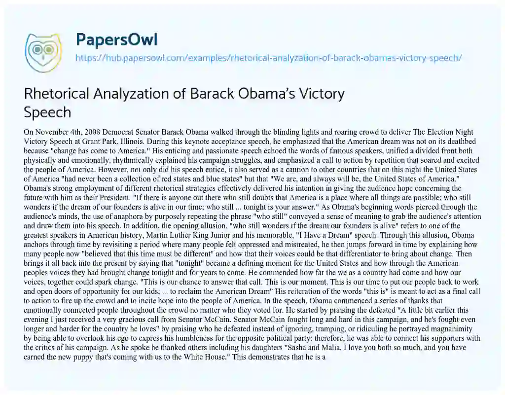 Essay on Rhetorical Analyzation of Barack Obama’s Victory Speech