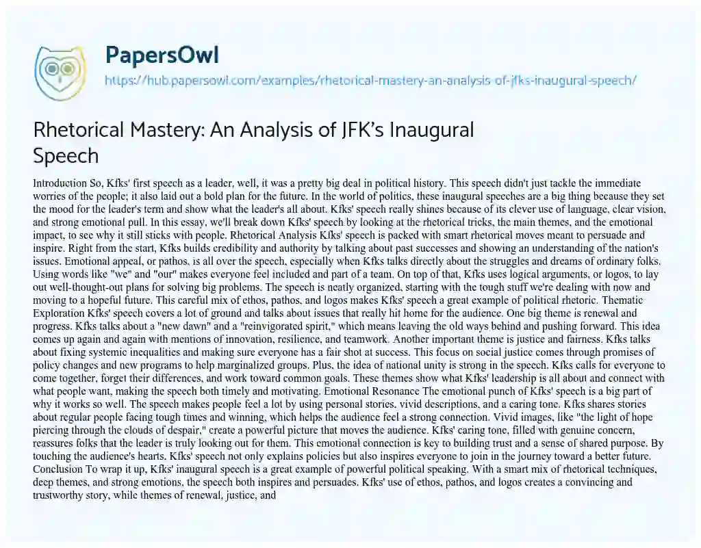 Essay on Rhetorical Mastery: An Analysis of JFK’s Inaugural Speech