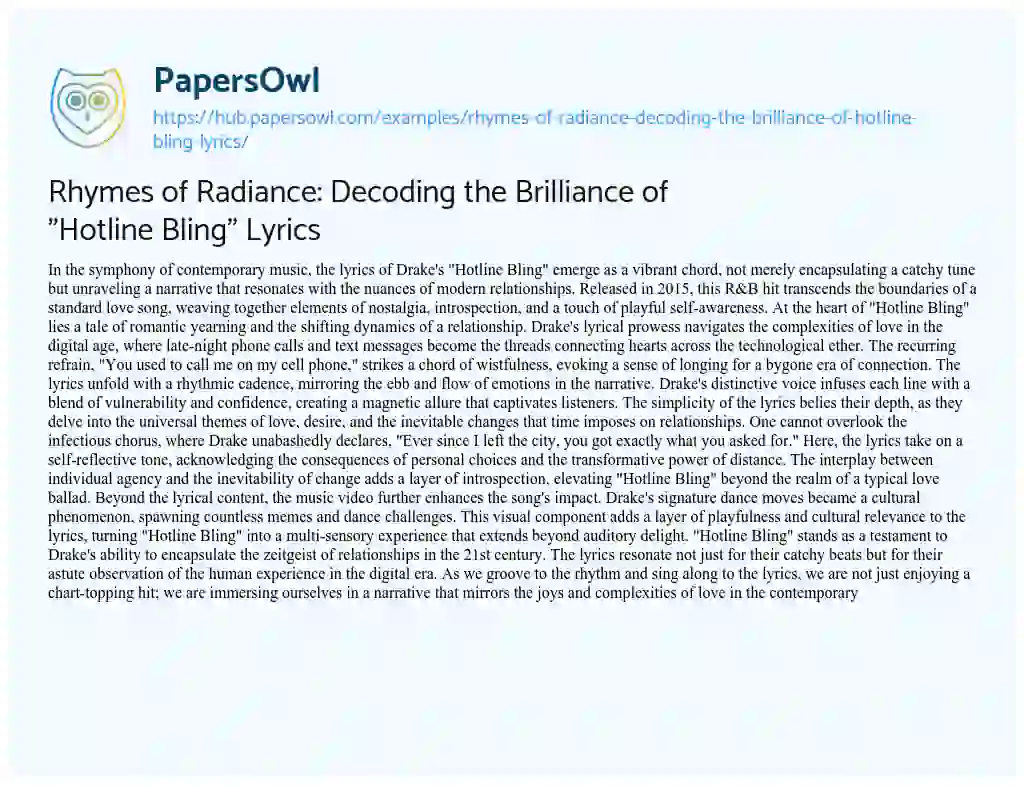 Essay on Rhymes of Radiance: Decoding the Brilliance of “Hotline Bling” Lyrics