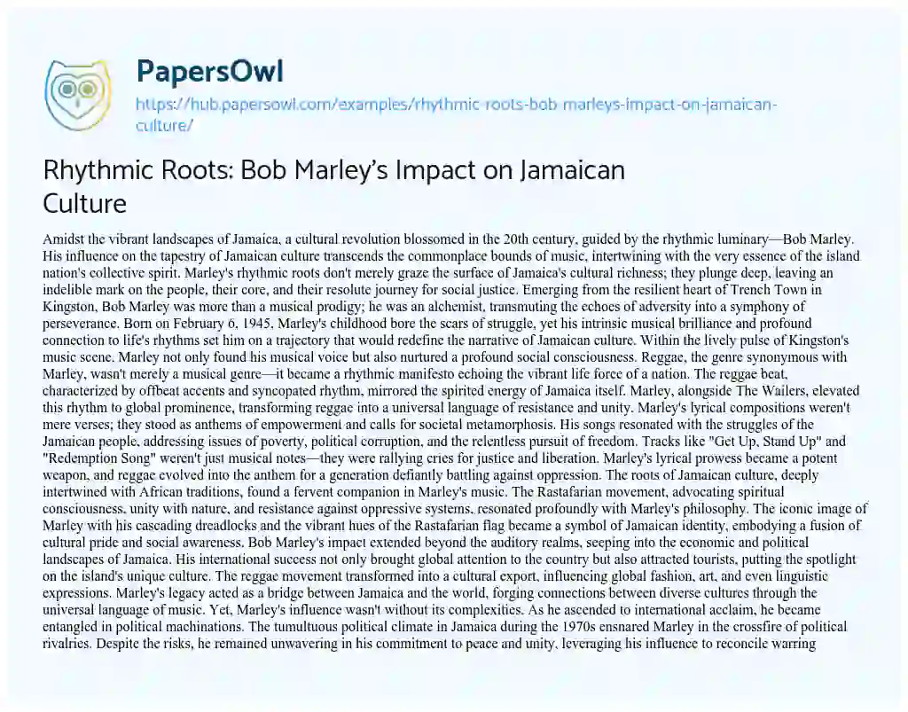 Essay on Rhythmic Roots: Bob Marley’s Impact on Jamaican Culture